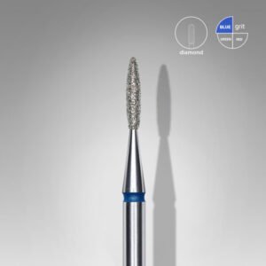 FA10B016/8 Embout a cuticules diamanté, arrondi « Flamme », bleue, diamètre tête 1.6 mm, partie active 8 mm